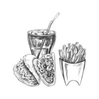 disegnato a mano schizzo di francese patatine fritte, tacos e Coca Cola bicchiere, isolato. monocromatico Rifiuto cibo Vintage ▾ illustrazione. grande per menù, manifesto o ristorante sfondo. vettore