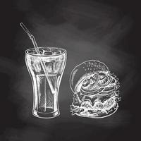 disegnato a mano bianca schizzo di hamburger, Coca Cola bicchiere con ghiaccio isolato su gesso sfondo. monocromatico Rifiuto cibo Vintage ▾ illustrazione. grande per menù, manifesto o ristorante sfondo. vettore