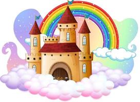 castello con arcobaleno sulla nuvola isolato su sfondo bianco vettore