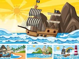 set di scene oceaniche in momenti diversi con nave pirata in stile cartone animato vettore