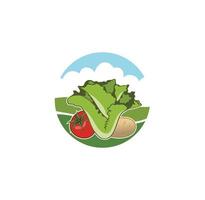 design del logo dell'azienda agricola con design di lattuga, pomodoro e patate vettore