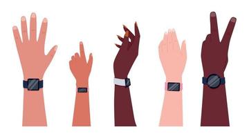 maschio e femmina mani di persone di diverso etnico gruppi con inteligente orologio o fitness braccialetto. impostato di vettore piatto braccia.