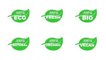 Collezione di badge prodotto foglia verde vegano biologico naturale di qualità certificata al 100% eco fresco bio vettore sano ecologia impianto etichetta insieme isolato illustrazione eps