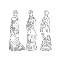 antica signora vestita. vecchia illustrazione vettoriale di moda. donna vittoriana in abito storico. disegno stilizzato vintage, stile retrò xilografia. abito retrò, disegno vettoriale su sfondo bianco