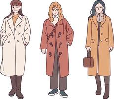 una donna che indossa un cappotto casual. illustrazioni di disegno vettoriale stile disegnato a mano.