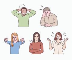 persone che esprimono varie emozioni negative. persone di vari gesti. illustrazioni di disegno vettoriale stile disegnato a mano.