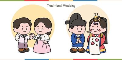una serie di simpatici personaggi che indossano i tradizionali costumi nuziali coreani. illustrazioni di disegno vettoriale stile disegnato a mano.