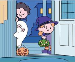 i bambini in costume di Halloween sono in piedi fuori dalla porta e guardano in casa. illustrazioni di disegno vettoriale stile disegnato a mano.