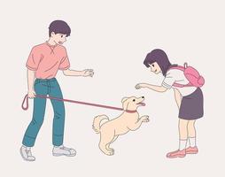 il ragazzo sta camminando con il cane. il cane è contento di vedere una ragazza. illustrazioni di disegno vettoriale stile disegnato a mano.