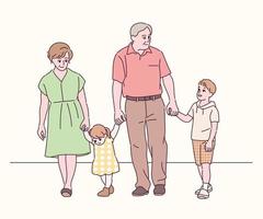 nonno e nonna camminano tenendo le mani dei loro nipoti e nipoti. illustrazioni di disegno vettoriale stile disegnato a mano.
