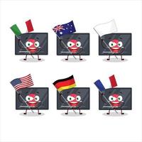 video giocare pulsante cartone animato personaggio portare il bandiere di vario paesi vettore