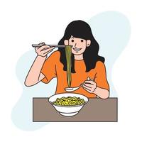 un' donna è mangiare tagliatelle con bastoncini e un' cucchiaio vettore