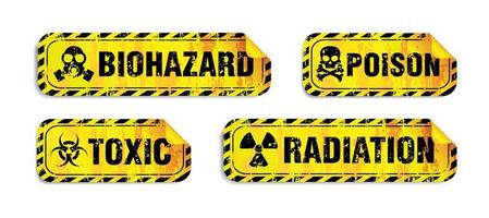 Pericolo cartello giallo adesivi impostato nel grunge design stile vettore. radiazione cartello, rischio biologico cartello, tossico cartello, veleno cartello vettore