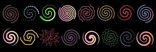 impostato di astratto multicolore volteggi e spirali. vettore illustrazione di Linee contorto nel cerchio. disegno di segni di il giro turbinii e ondulato vortici.