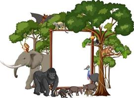 banner vuoto con animali selvatici e alberi della foresta pluviale su sfondo bianco vettore