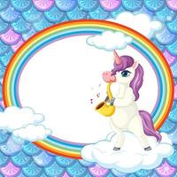 bandiera ovale arcobaleno con personaggio dei cartoni animati di unicorno su sfondo di squame di pesce arcobaleno vettore