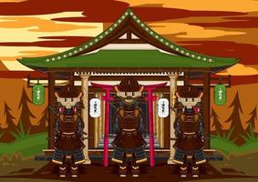 cartone animato giapponese samurai guerrieri al di fuori antico tempio storia illustrazione vettore