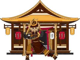 cartone animato giapponese samurai guerriero al di fuori antico tempio storia illustrazione vettore