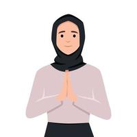 illustrazione di musulmano donna con scusandosi posa per eid mubarak o Ramadan vettore