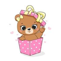 contento compleanno carta, carino bambino orso nel il presente scatola. cartone animato disegno vettore