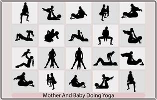 mamma e bambino fare yoga, madre e figlia fare yoga allenarsi silhouette grafica, madre e figlia, donna e ragazza bambino fare yoga esercizi, vettore