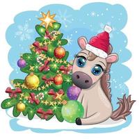 carino cavallo, pony nel Babbo Natale cappello con caramella Kane, Natale sfera, regalo, ghiaccio pattinando. inverno è In arrivo vettore