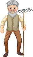 vecchio contadino personaggio dei cartoni animati con rastrello attrezzo da giardino vettore
