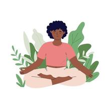 donna con storto gambe pratiche yoga nel natura. rilassamento e armonia. mentale benessere e se stesso cura. piatto vettore illustrazione