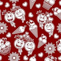 divertente monocromatico rosso modello con ghiaccio crema, pazzo emoji amore coppia, sole icona, cuori. semplice minimo stile. per stampe, vestiario, t camicia design vettore