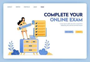 illustrazione del lavoro a casa. donna freelance che tiene una matita e che completa un esame o un sondaggio online. studiare a casa con un laptop. concetto di design per banner, pagina di destinazione, web, sito Web, poster, ui ux vettore