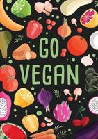 vai al modello di poster verticale vegano con raccolta di frutta e verdura biologica fresca. illustrazione disegnata a mano colorata su sfondo verde chiaro. cibo vegetariano e vegano. vettore