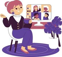 carino cartone animato ragazza seduta a il tavolo e chat con sua famiglia attraverso video chiamata. vettore illustrazione. attività commerciale persone