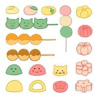 dessert giapponesi disegnati a mano, dolci, dango, mochi, wagashi. illustrazione di colore di vettore su una priorità bassa bianca.