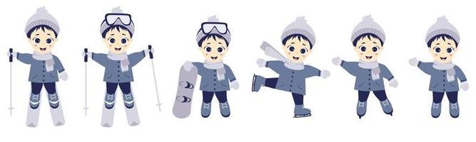 bambini inverno. ragazzo atleta sci, pattinaggio e snowboard in pose diverse. set di sport invernali e bambino. illustrazione vettoriale. collezione per bambini per cartoline, design e stampa vettore