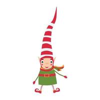 un' Natale elfo nel un' rosso a strisce cappello sorrisi. adorabile nuovo anno bambini illustrazione vettore