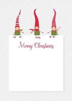 azione vettore illustrazione con 3 carino Natale elfi nel a strisce rosso cappelli seduta su un' foglio di carta. modello di allegro Natale carte, Congratulazioni, banner o manifesti con copia spazio.
