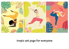 vettore illustrazione impostato con contento un sovradimensionato donna nel yoga posizione su tropicale esotico sfondo. gli sport e Salute corpo positivo concetto per cartolina, yoga classi maglietta attivo stile di vita