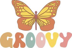 manifesto nel Groovy stile 70s con farfalla .colorato Groovy lettering per maglietta, striscione, ragnatela e Stampa. retrò manifesto. azione vettore illustrazione. retrò anni '70.