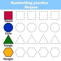 grafia pratica foglio. educativo bambini gioco. scrittura addestramento. bambini attività. apprendimento geometria forme stampabile foglio di lavoro vettore