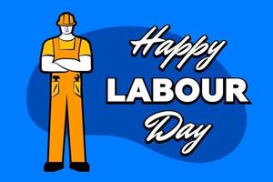 uomo lavoratore in casco da costruzione giallo e iscrizione felice festa del lavoro. 1 maggio biglietto di auguri. illustrazione vettoriale per poster, banner, pubblicità, promozione, volantino, blog, articolo, social media, marketing