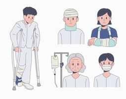 carattere del paziente in uniforme ospedaliera. illustrazioni di disegno vettoriale stile disegnato a mano.