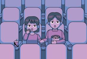 una coppia carina sta guardando un film dell'orrore in teatro. illustrazioni di disegno vettoriale stile disegnato a mano.