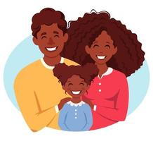 felice famiglia afro-americana con la figlia. genitori che abbracciano il bambino. giornata internazionale delle famiglie. illustrazione vettoriale