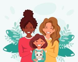 famiglia lesbica con figlia e gatto. famiglia lgbt. illustrazione vettoriale. vettore