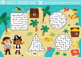 pirata labirinto per bambini. Tesoro caccia prescolastico stampabile attività con carino bambini raccolta tesori. mare avventure geometrico forme labirinto puzzle. gioco con bambini su disabitata isola vettore