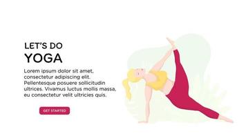 vettore bandiera o schermo modello per scuola sito web o yoga studio con europeo più dimensione donna nel yoga posizioni. gli sport e Salute corpo positivo concetto. luminosa bandiera con yoga praticante