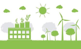 ecologia di fabbrica, icona dell'industria, turbine eoliche con alberi ed energia pulita del sole con idee di concetto ecologico. illustrazione di vettore