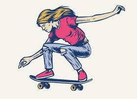 ragazza salto su sua skateboard nel mano disegnato stile vettore