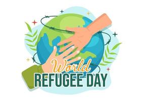 mondo profugo giorno su 20 giugno vettore illustrazione con immigrazione famiglia e loro bambini a piedi cercare casa nel mano disegnato filo recinto modelli