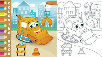 vettore cartone animato di divertente bulldozer su edifici sfondo, costruzione elementi, colorazione pagina o libro